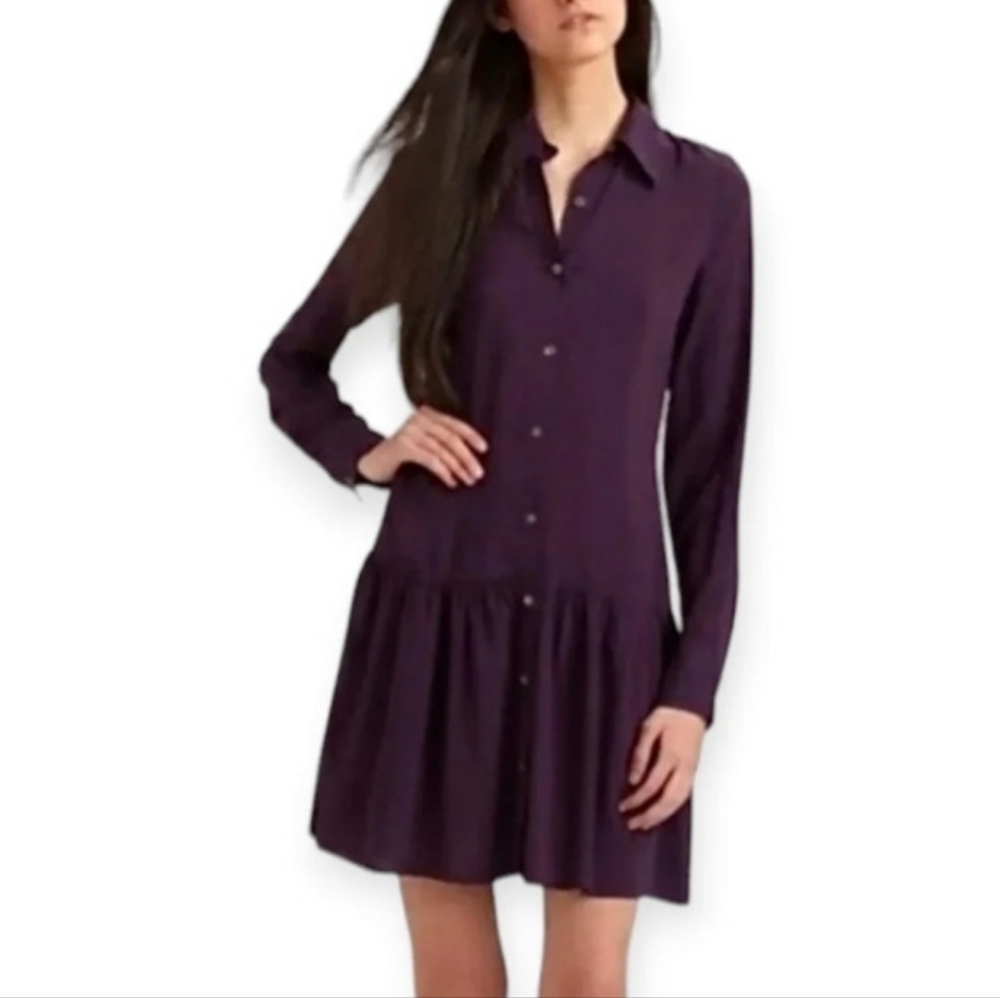Theory Failly Rove Purple Pleated Dress Long Sleeve Button Front Size 2